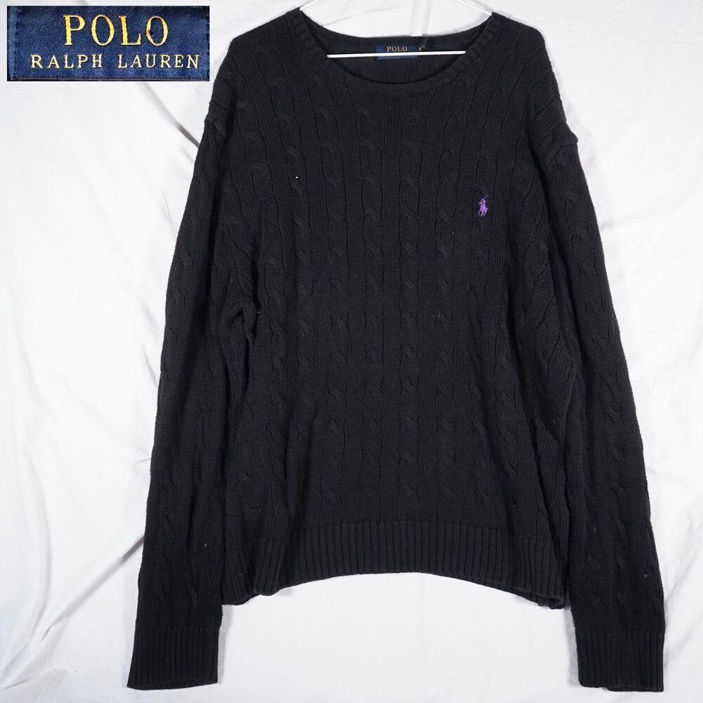 Polo Ralph Lauren Cable Knit Sweater Black Purple Pony Logo Mens XXL